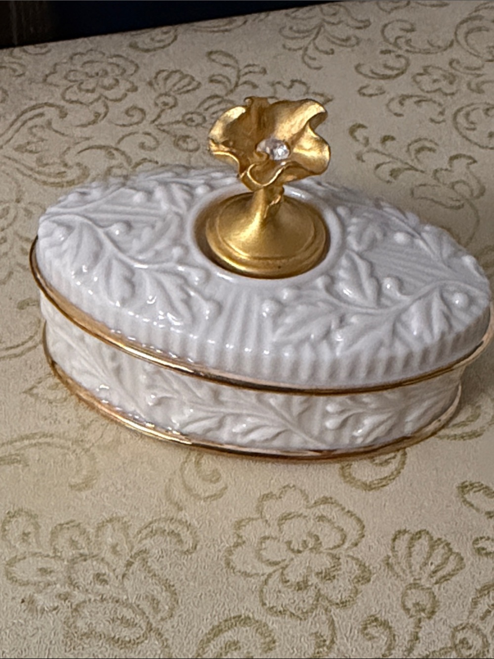 Lenox China Cream White and Gold- April Birthstone Small Jewelry Trinket Box